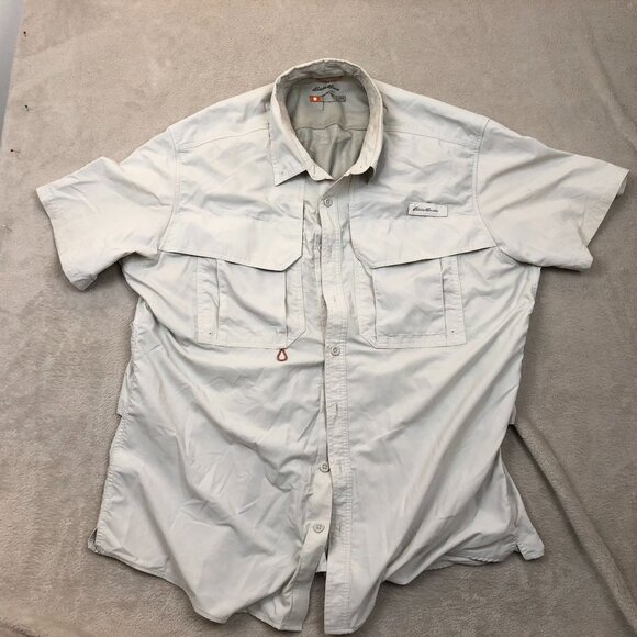 Eddie Bauer Men Shirt Large Short Sleeve Button Up Fishing Outdoors Beige Casual - Picture 9 of 10